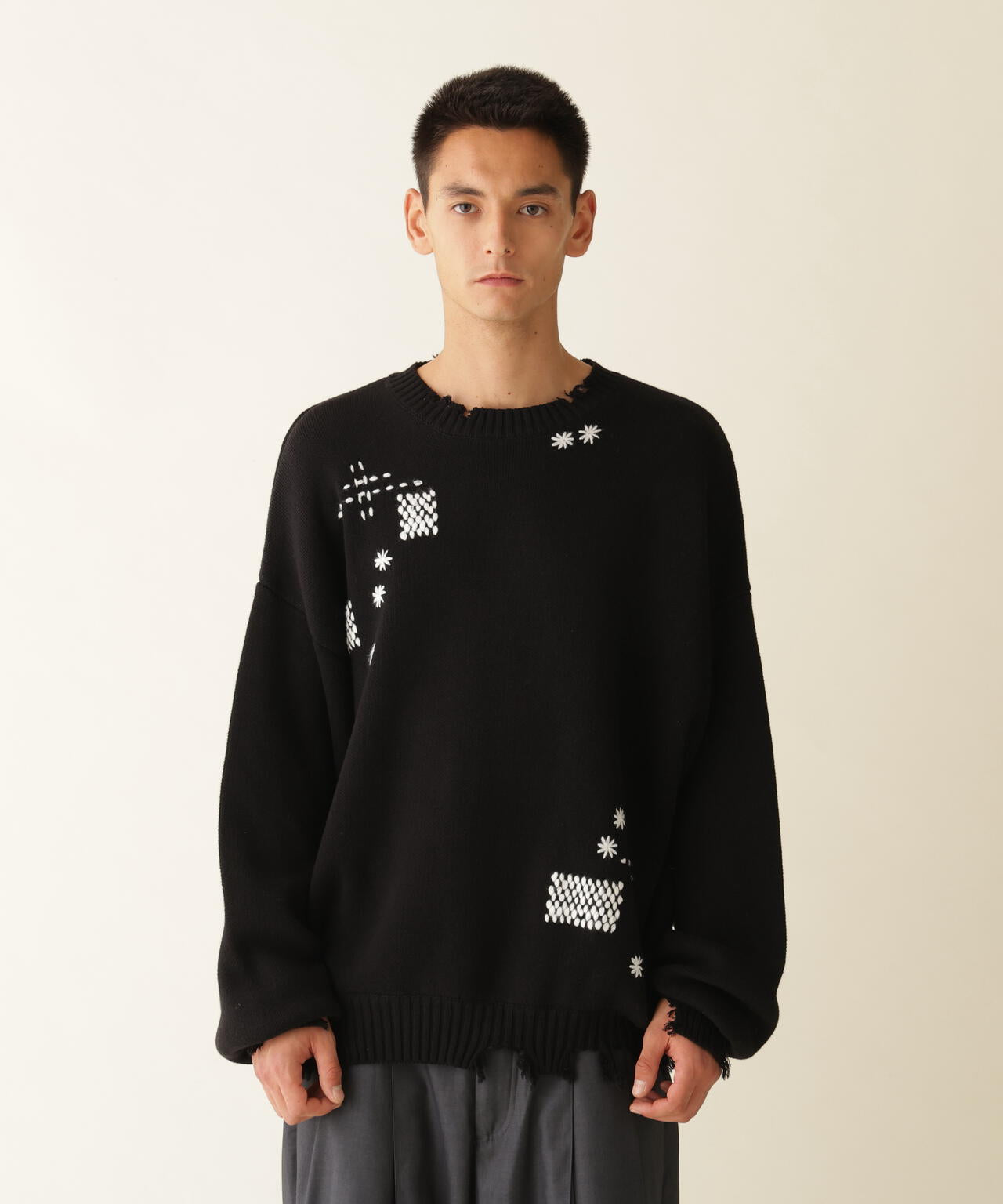 B omnivore/ビーオムニボー HAND STITCH CREWNECK KNIT ハンドステッチ