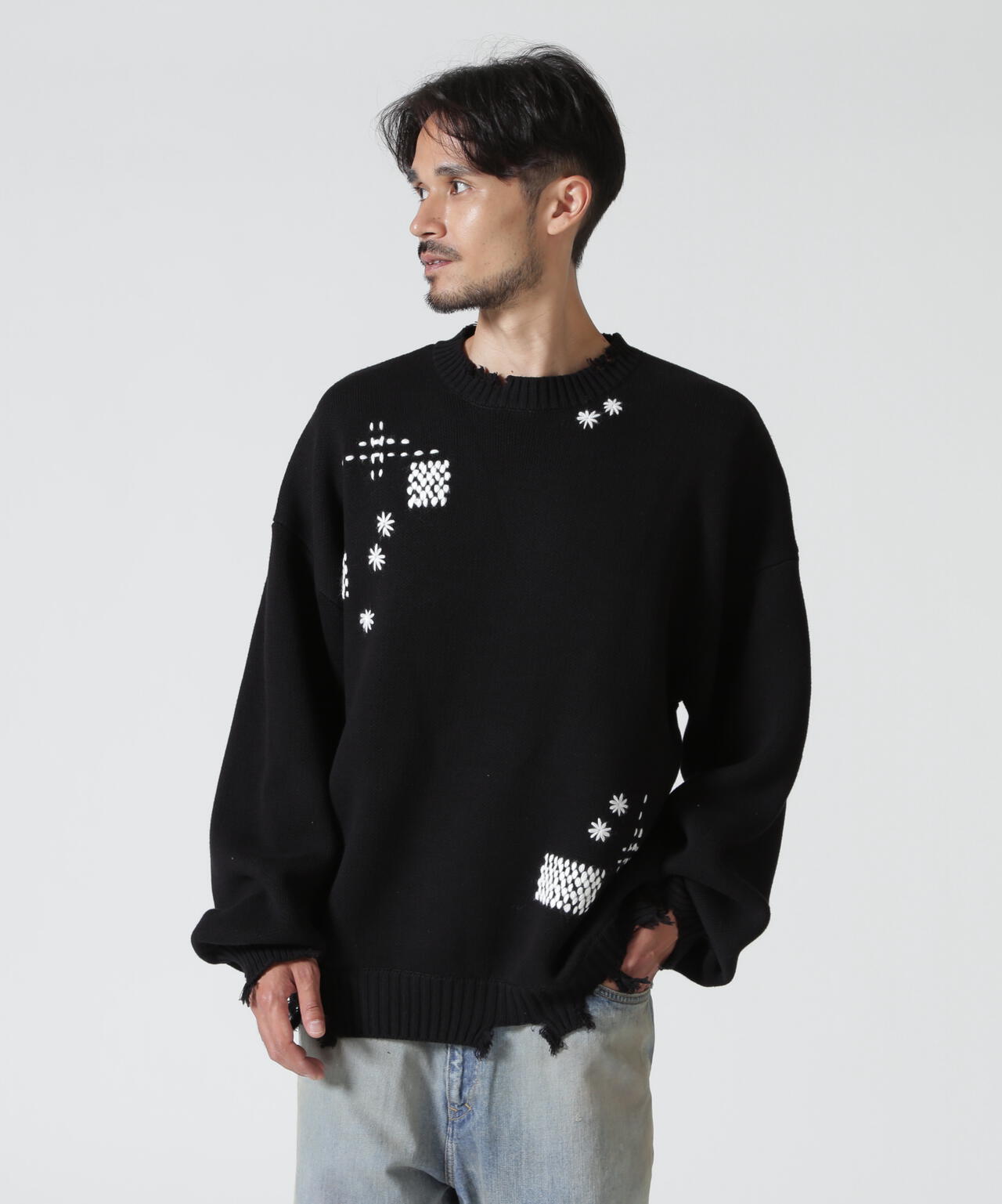 B omnivore/ビーオムニボー　HAND STITCH CREWNECK KNIT ハンドステッチクルーネックニット