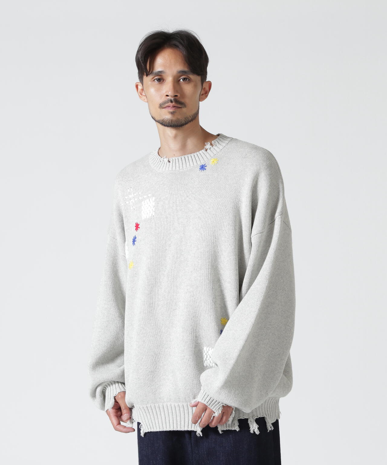 B omnivore/ビーオムニボー　HAND STITCH CREWNECK KNIT ハンドステッチクルーネックニット