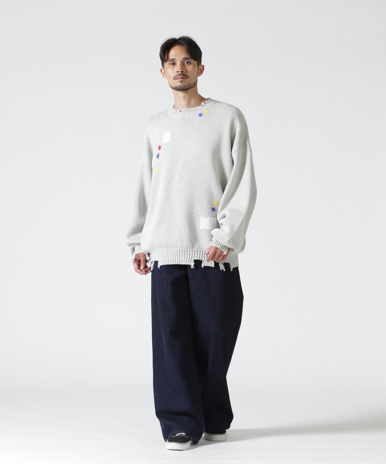 B omnivore/ビーオムニボー　HAND STITCH CREWNECK KNIT ハンドステッチクルーネックニット