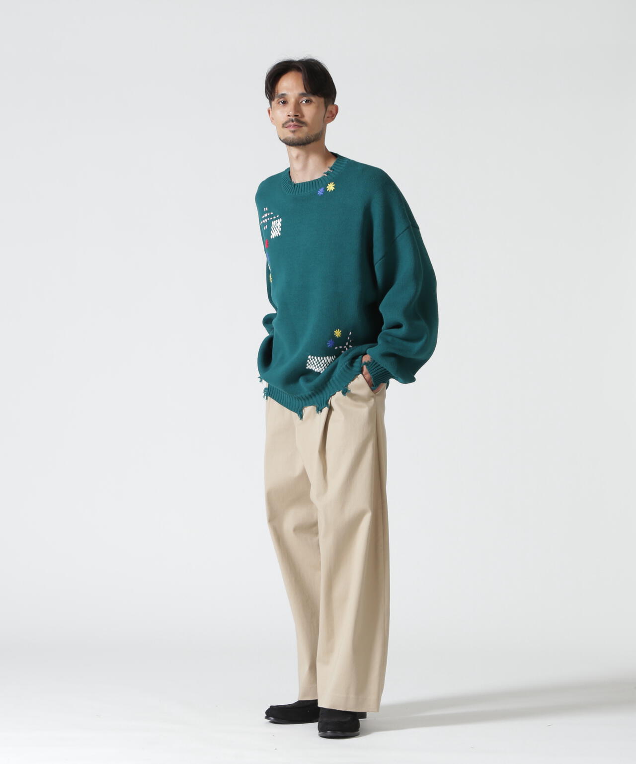 B omnivore/ビーオムニボー　HAND STITCH CREWNECK KNIT ハンドステッチクルーネックニット