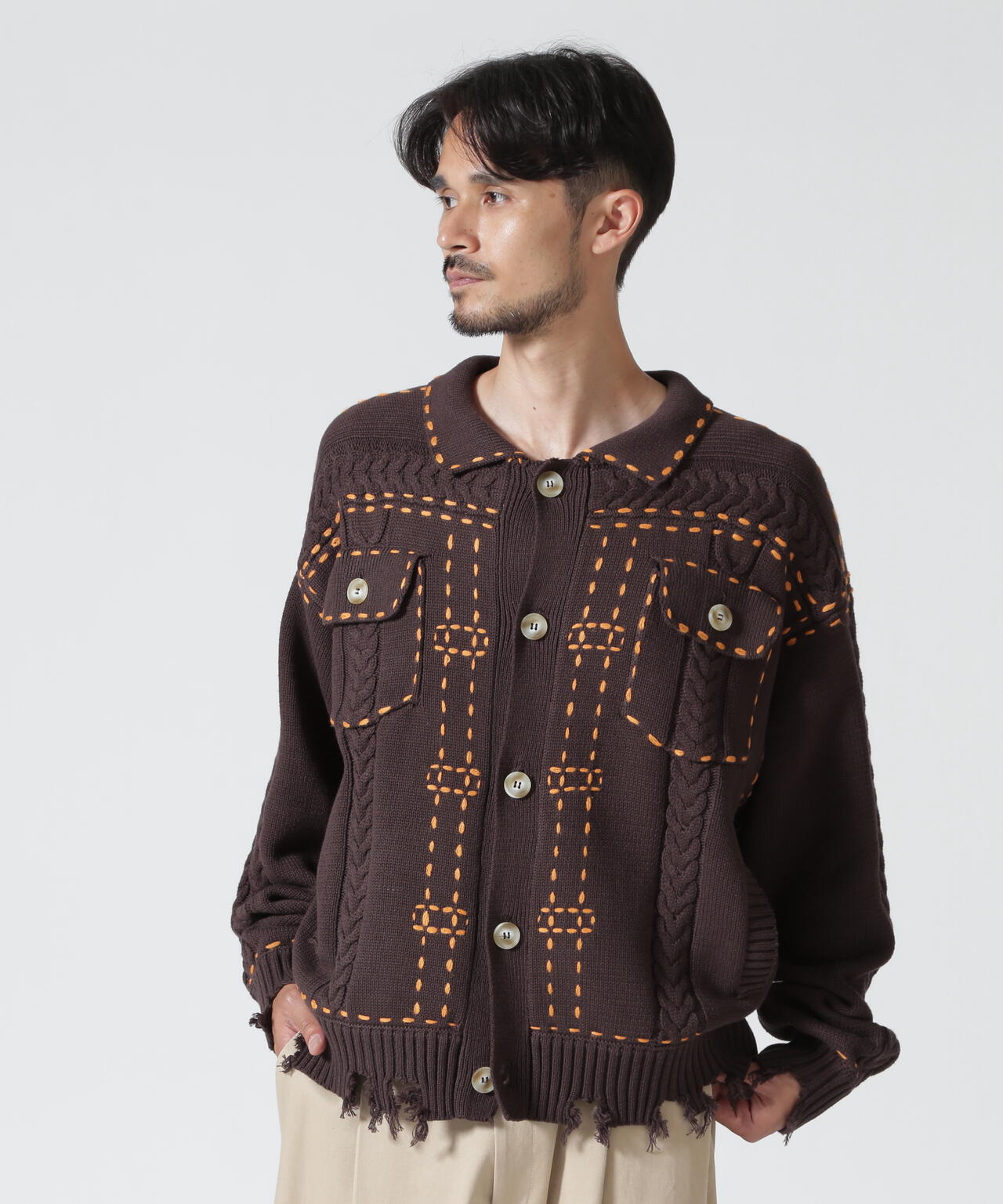 B omnivore/ビーオムニボー　HANDSTITCH CABLE KNIT JACKET ハンドステッチケーブルニットジャケット