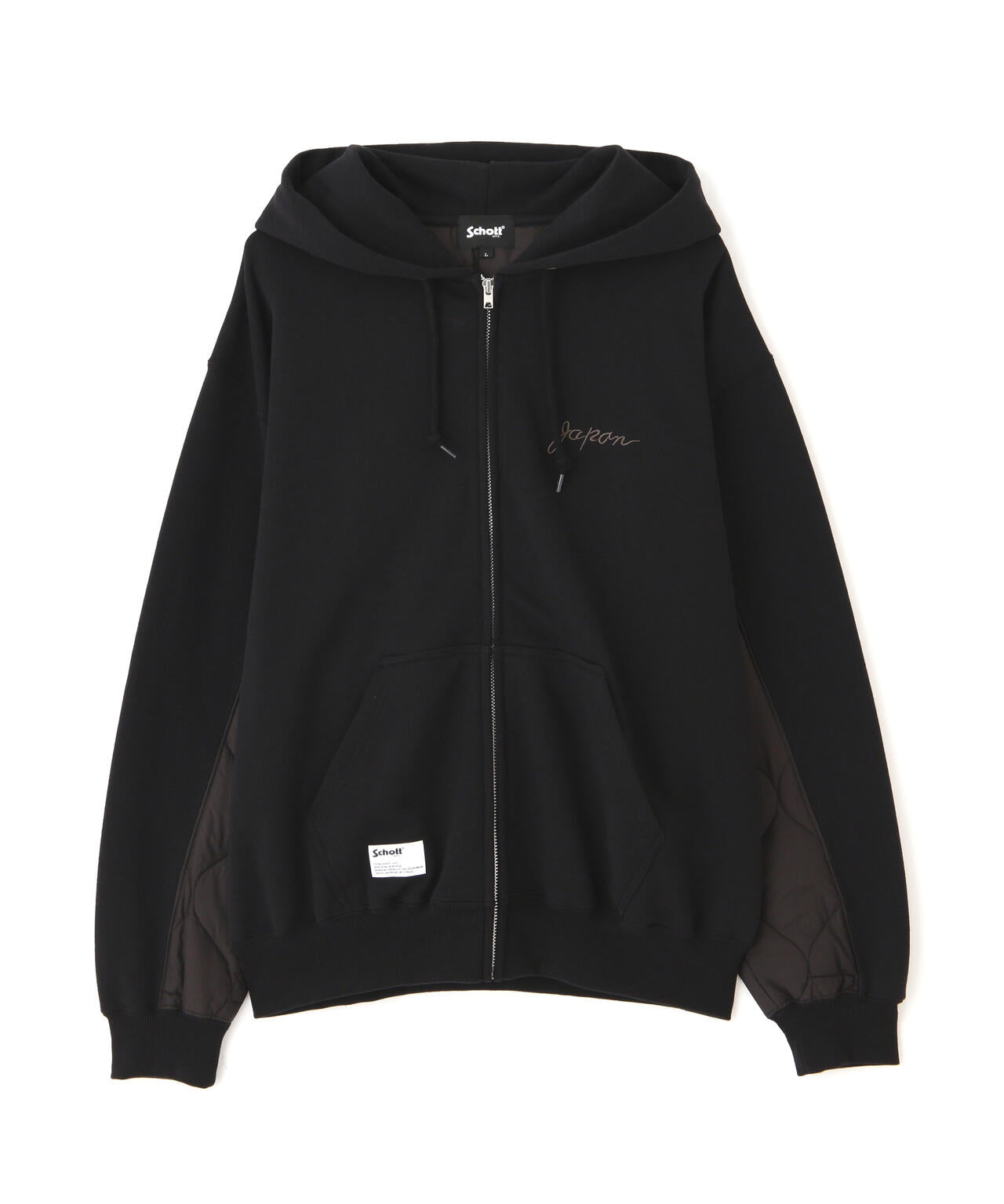 美品■schott パーカー キルティング 異素材 ブラック L QUILTED COMBI. ZIP HOODED/キルティング コンビ ジップパーカー