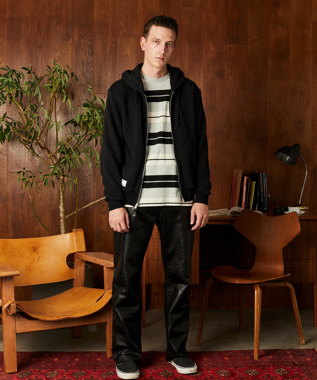 LEATHER ELBOW PATCH ZIP HOODED SWEAT/レザー エルボーパッチ