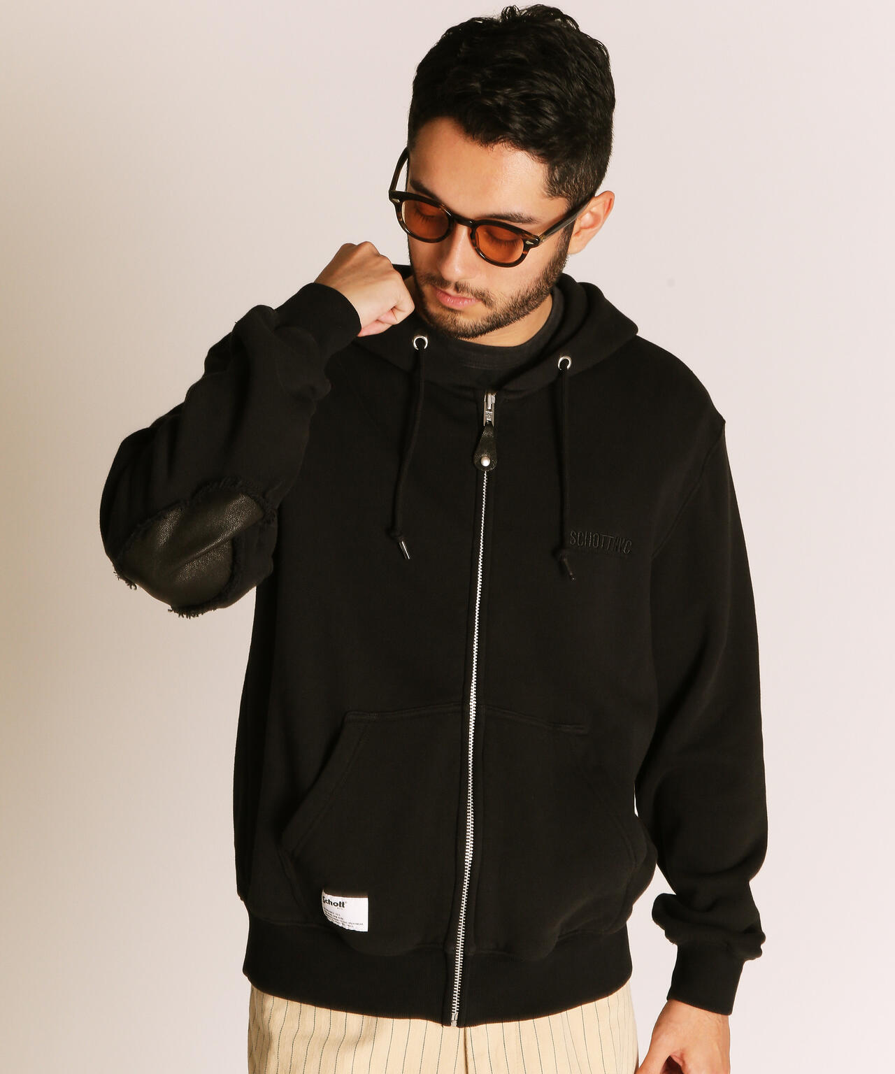 Schott エルボーパッチレザー　パーカー LEATHER ELBOW PATCH ZIP HOODED SWEAT/レザー エルボーパッチ