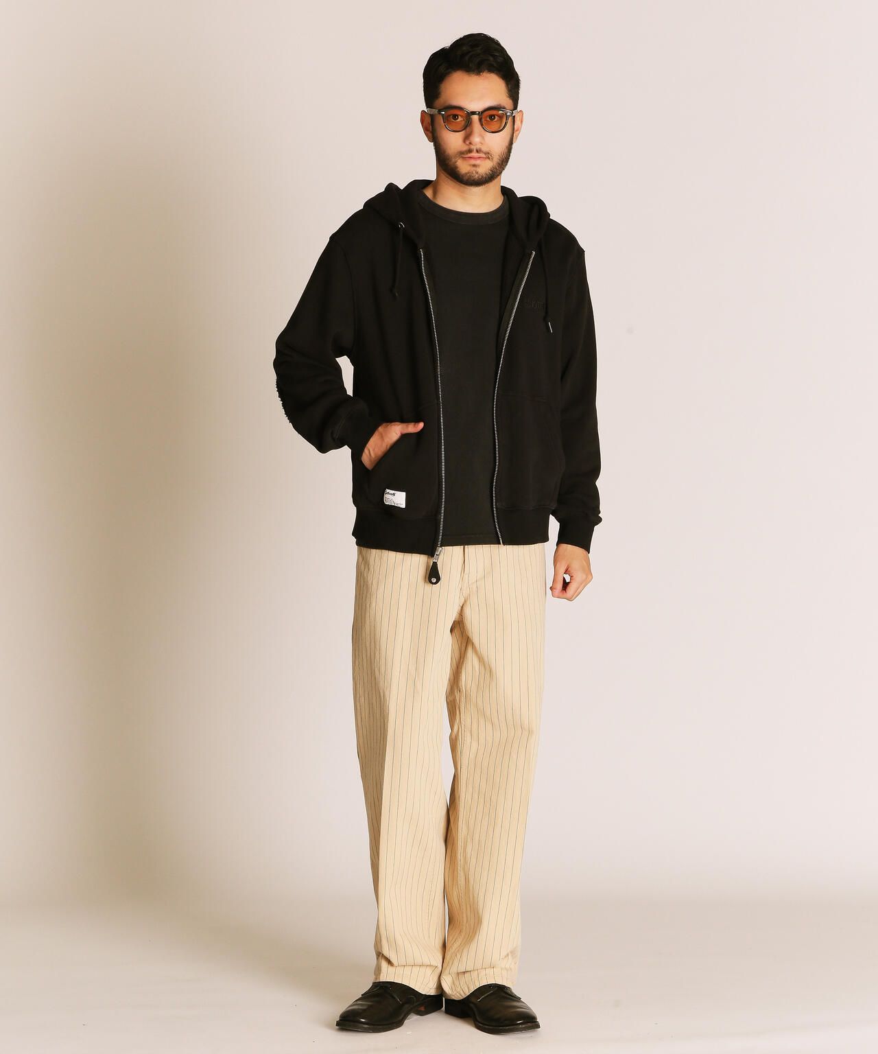 LEATHER ELBOW PATCH ZIP HOODED SWEAT/レザー エルボーパッチ ジップ