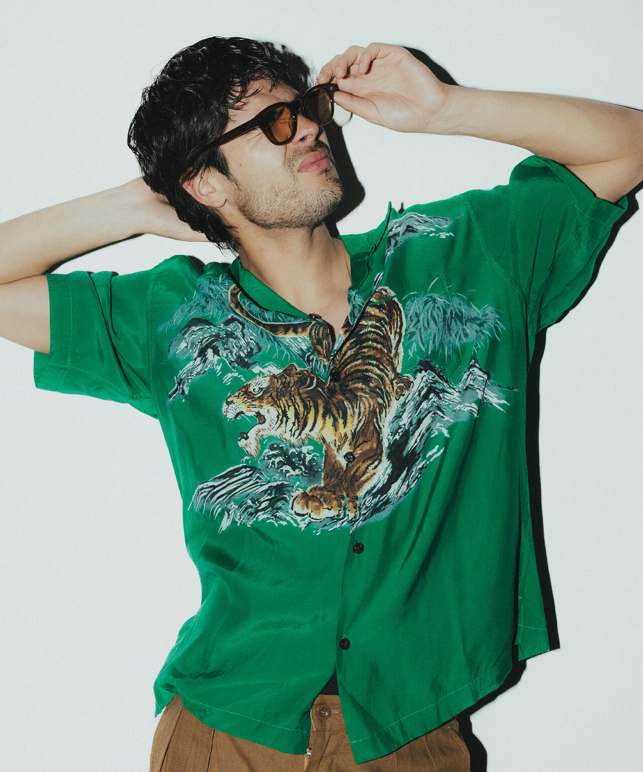 さまようよろい 60s レーヨン オープンカラーシャツ グリーン 格子 TIGER RAYON SHIRT/タイガー レーヨン シャツ | Schott（ショット