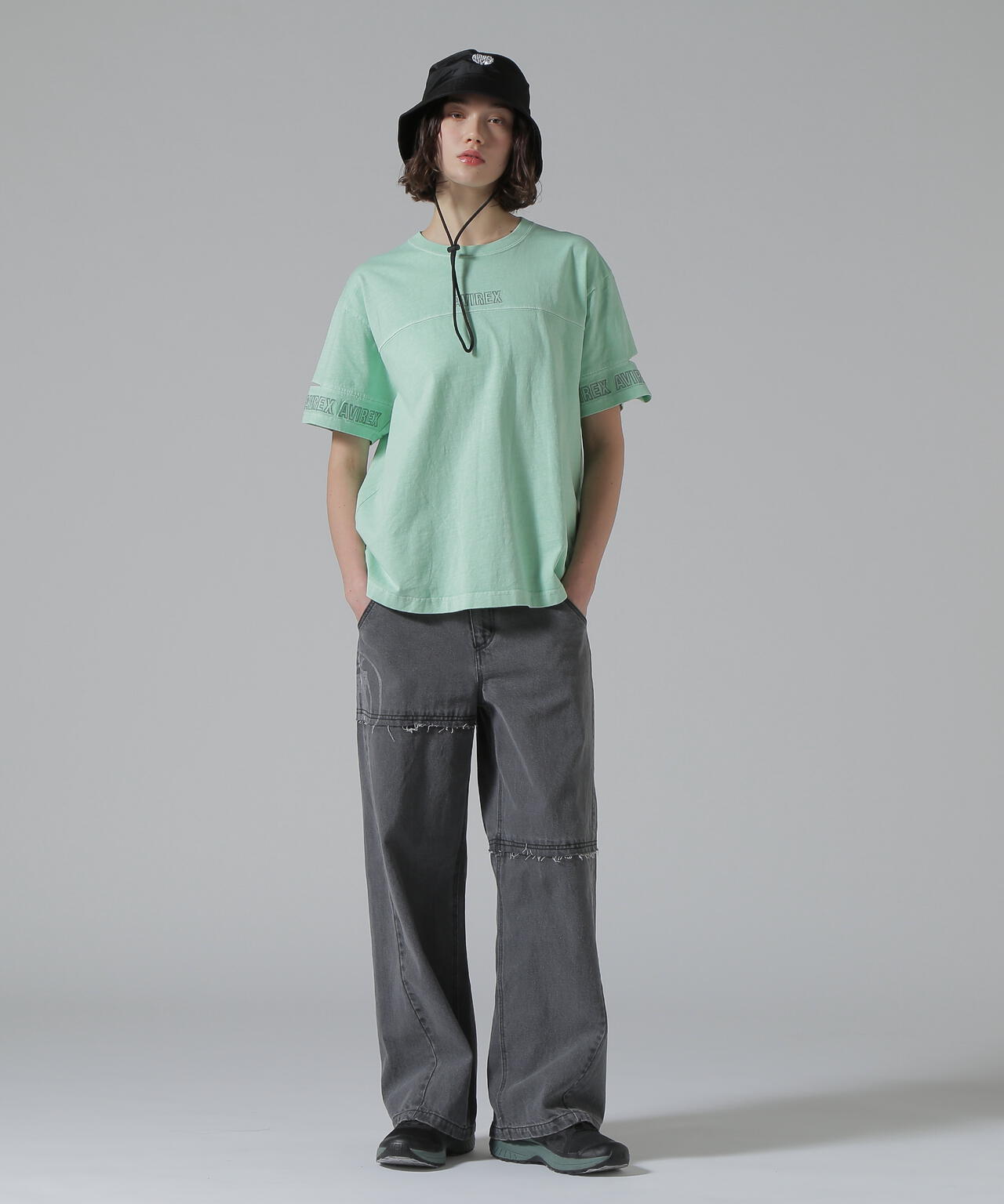 FADE WASH CUFFS OPEN EMBROIDERY T-SHIRT/フェイドウォッシュ カフス