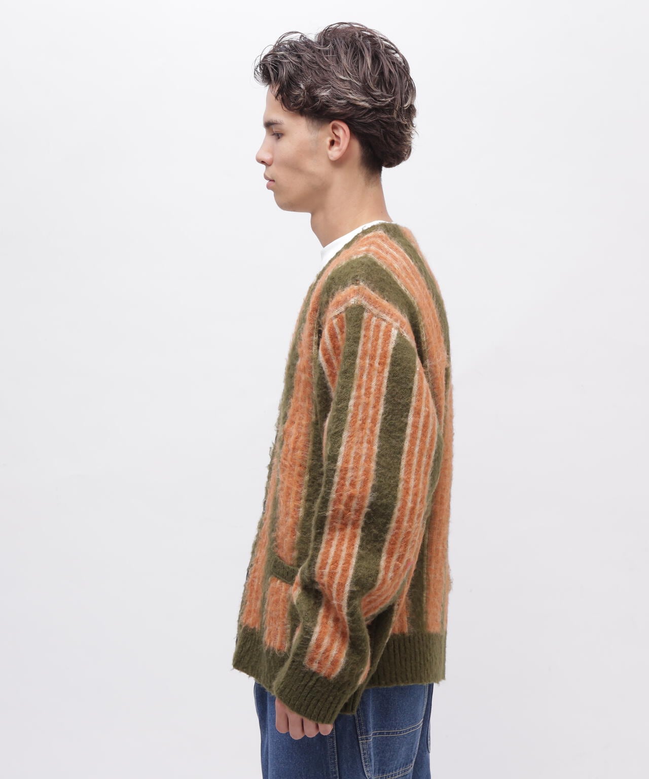 カーディガン PERVERZE Stripe Mohair Cardigan orange STRIPE MOHAIR LIKE CARDIGAN / ストライプ モヘア ライク