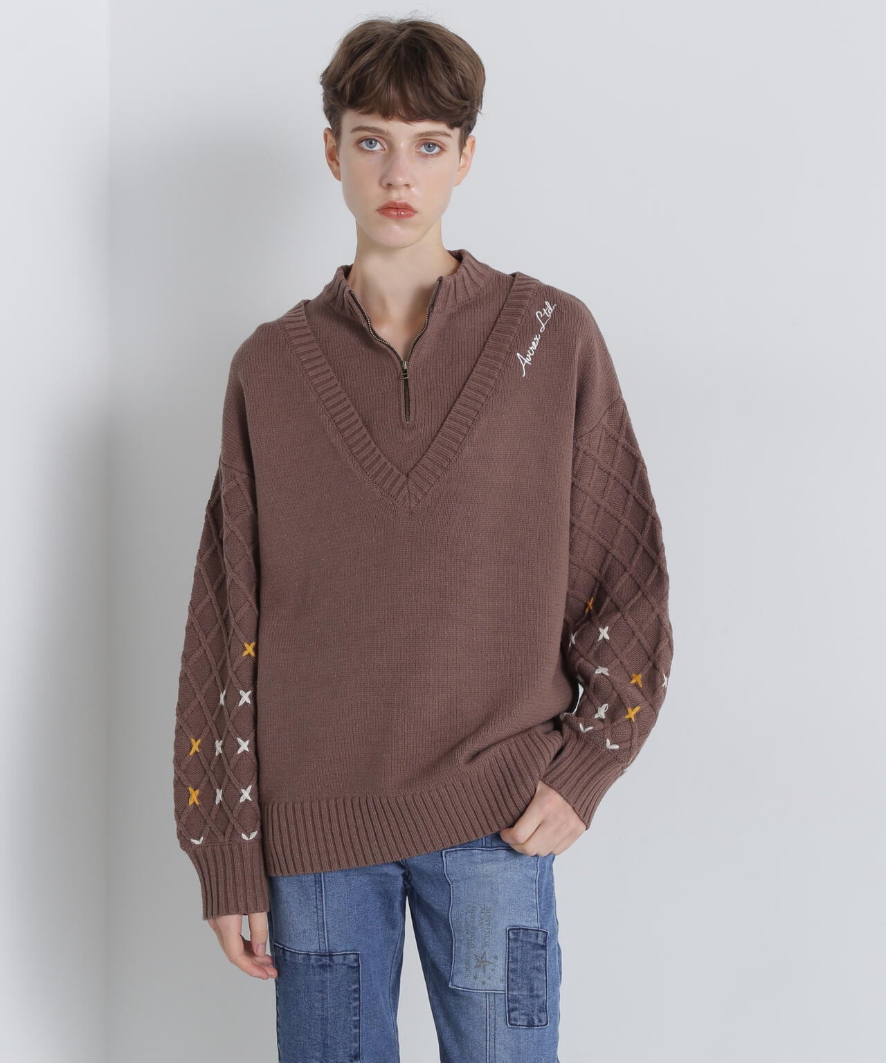 直営店限定》BOTTLE NECK SLEEVE EMBROIDERY TOPS/ボトルネック