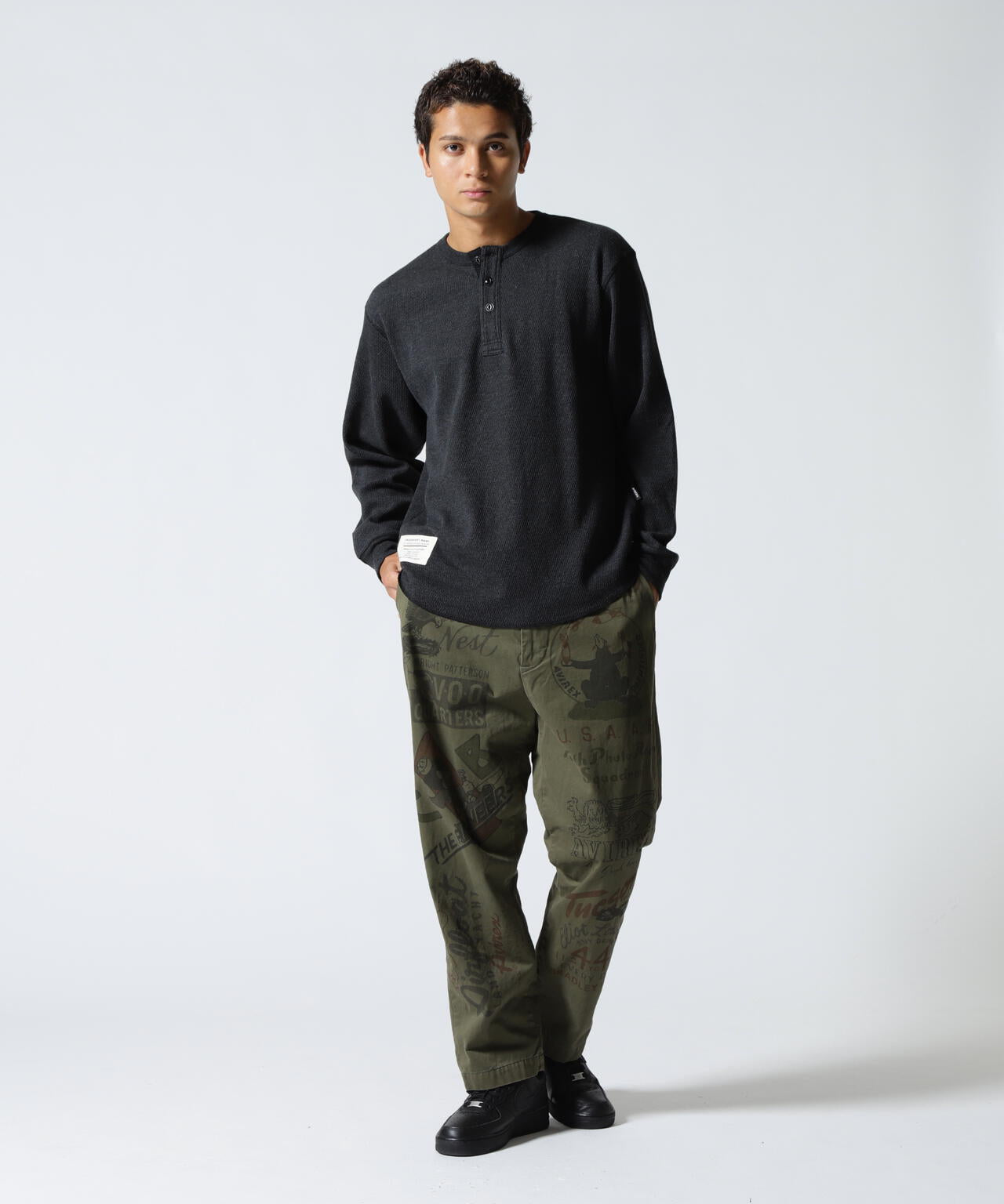 HONEYCOMB WAFFLE L/S HENLEY NECK T-SHIRT