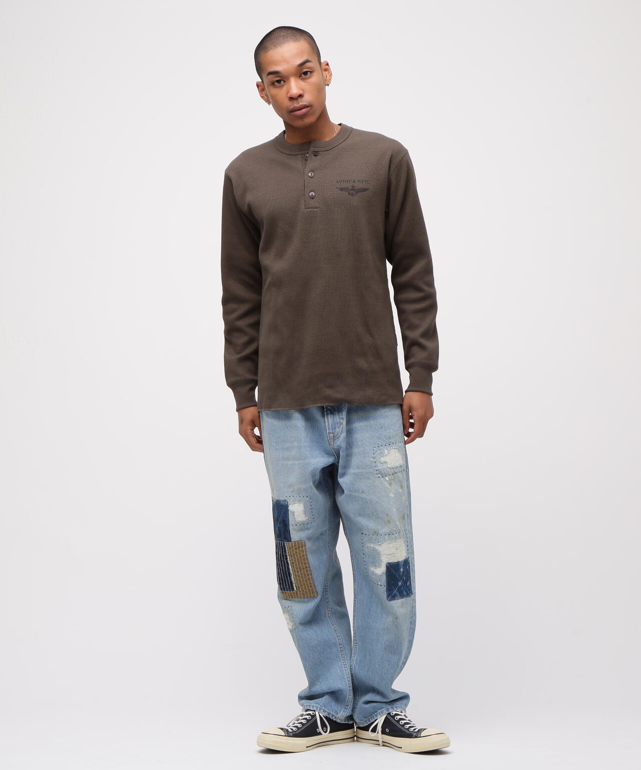 直営店限定》HONEYCOMB WAFFLE HENRY NECK NAVAL T-SHIRT | AVIREX