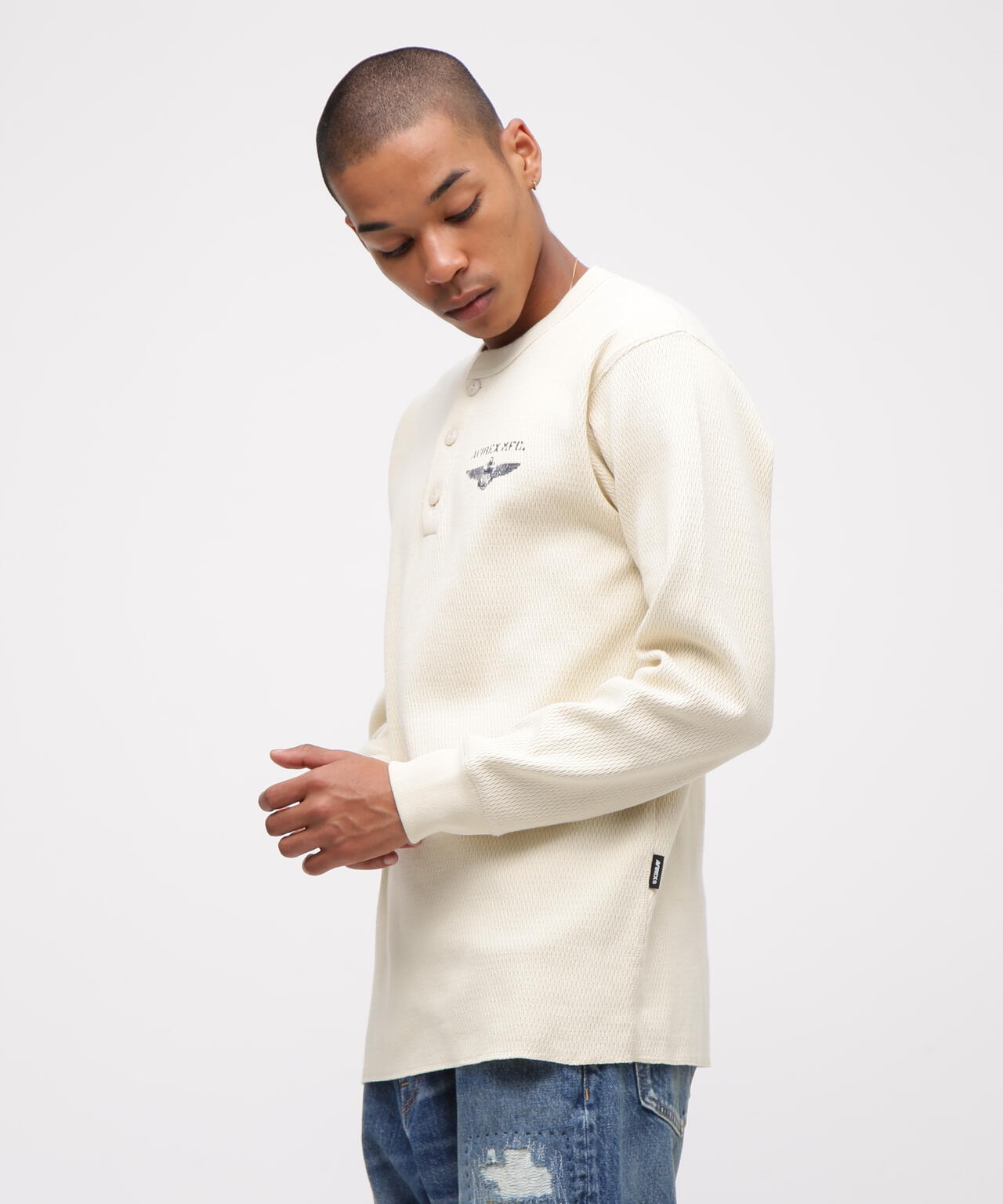 直営店限定》HONEYCOMB WAFFLE HENRY NECK NAVAL T-SHIRT | AVIREX