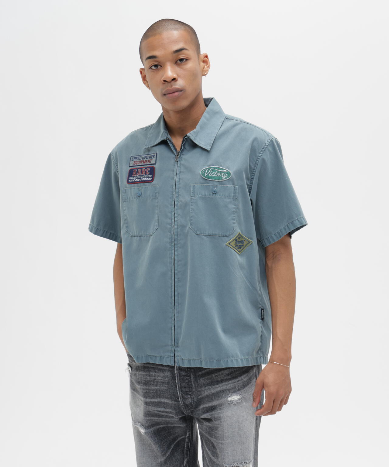 《A.A.R.C》FADED PATCHED S/S ZIP WORK SHIRT