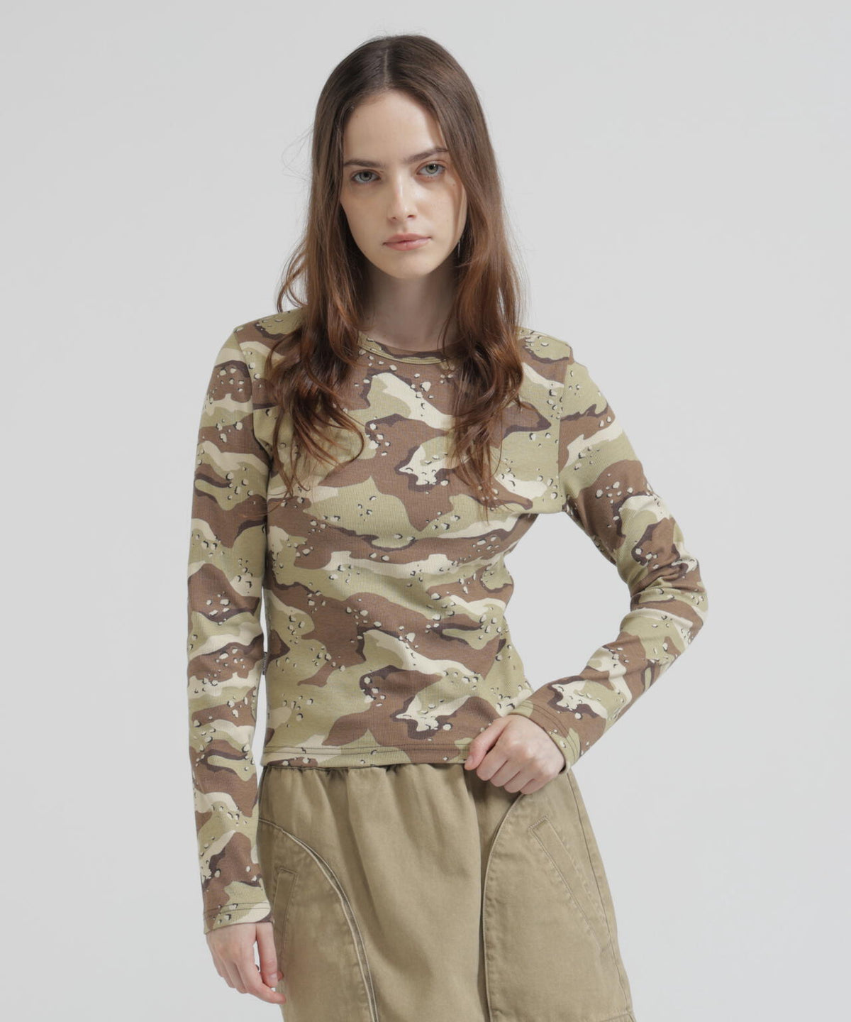 《WEB限定/DAILY/デイリー/WOMAN》RIB CAMO L/S CREW NECK T-SHIRT