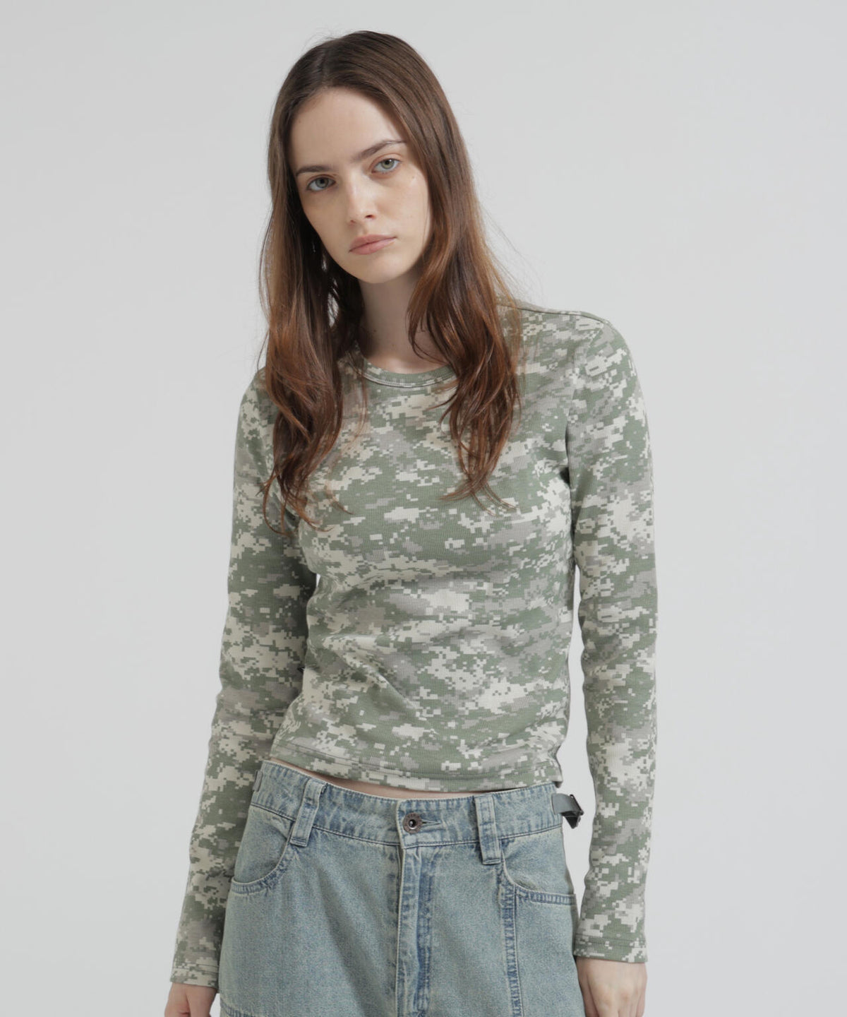 《WEB限定/DAILY/デイリー/WOMAN》RIB CAMO L/S CREW NECK T-SHIRT