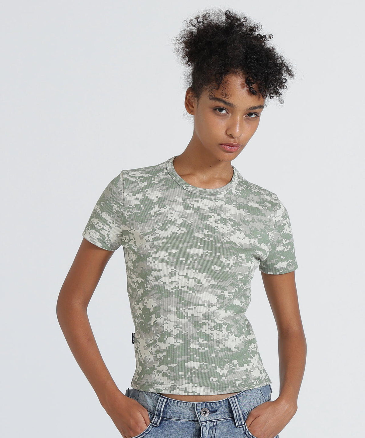 《WEB限定/DAILY/デイリー/WOMAN》 RIB CAMO S/S CREW NECK T-SHIRT