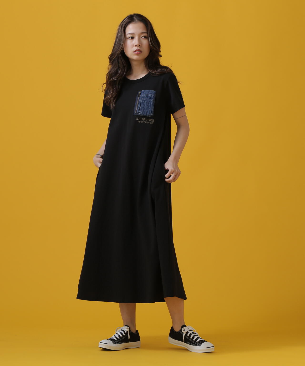 デニム ポケット フレア ワンピース/DENIM POCKET FLARE ONEPICE