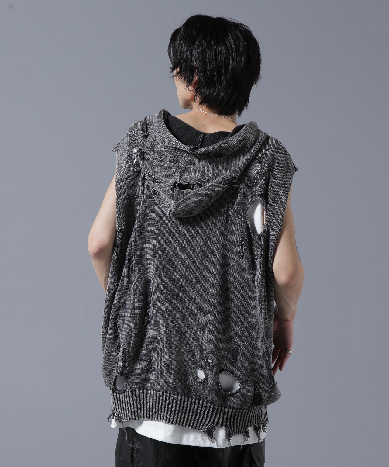 DankeSchon/ダンケシェーン/PIGMENT DAMAGE KNIT NOSLEEVE HOODIE