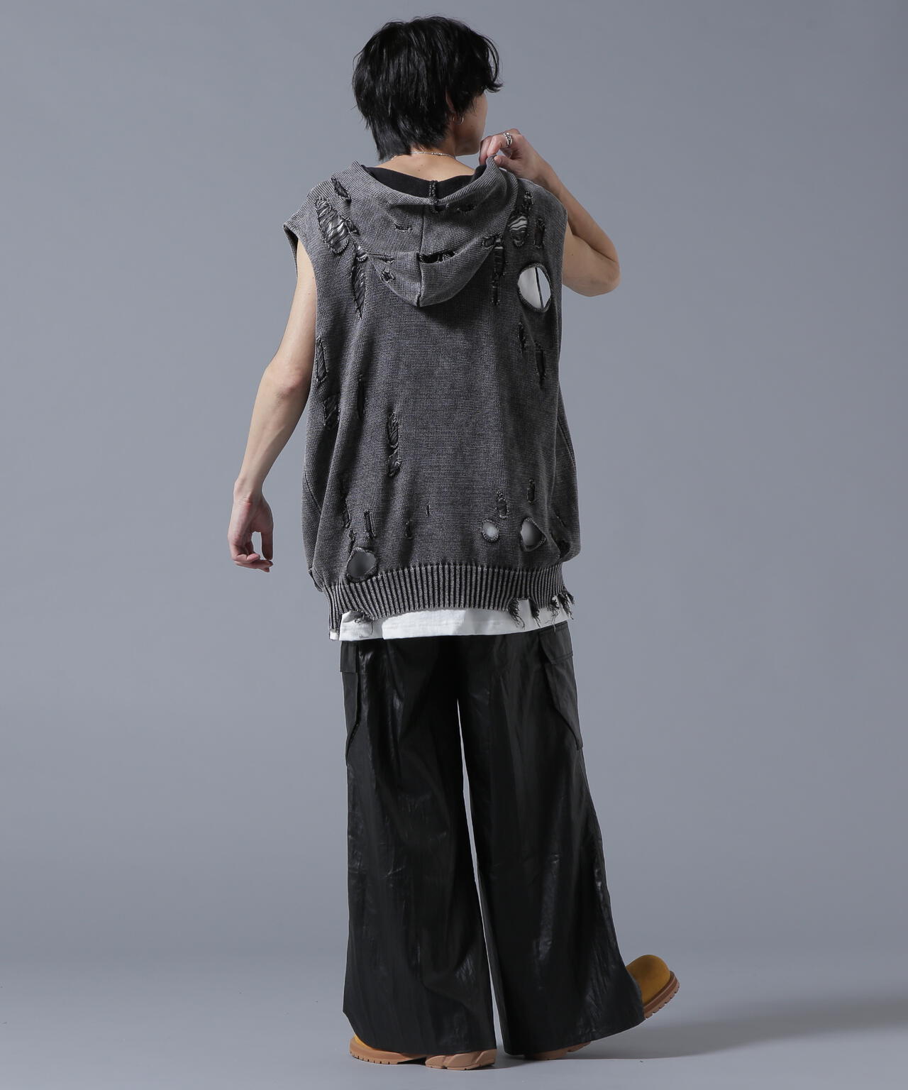 DankeSchon/ダンケシェーン/PIGMENT DAMAGE KNIT NOSLEEVE HOODIE