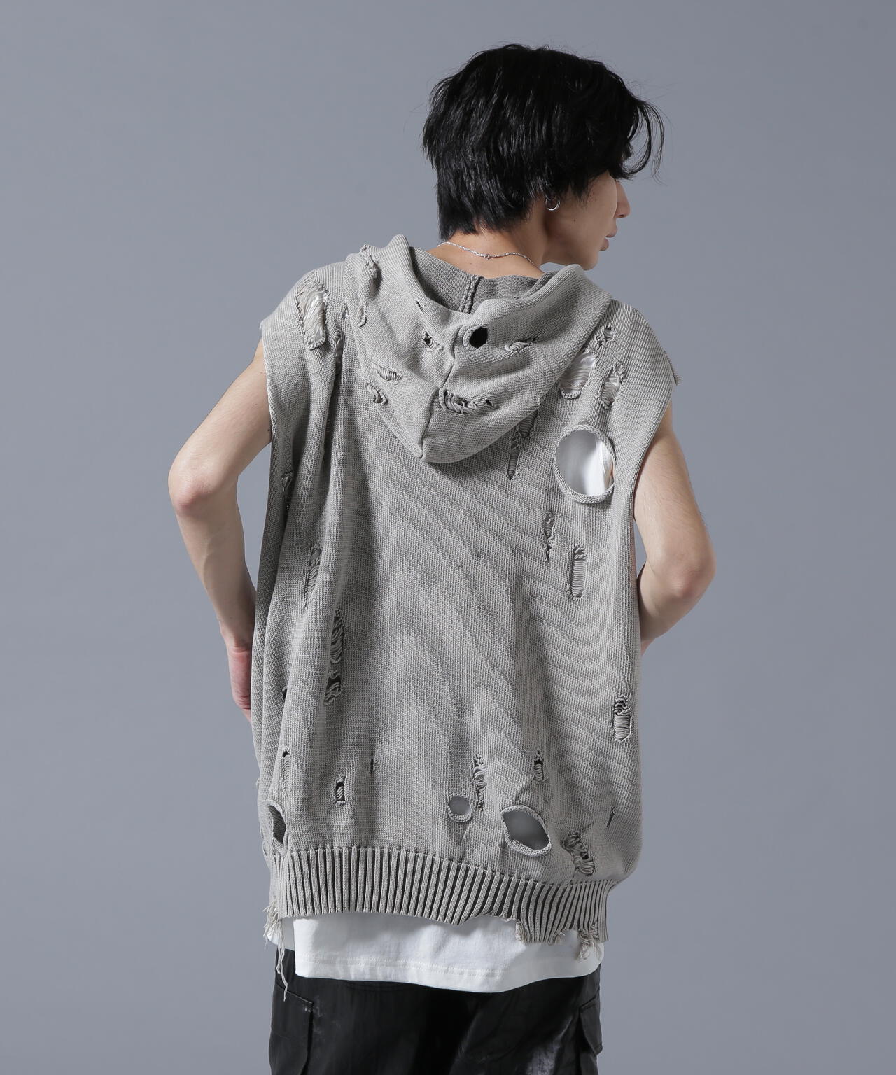 DankeSchon/ダンケシェーン/PIGMENT DAMAGE KNIT NOSLEEVE HOODIE