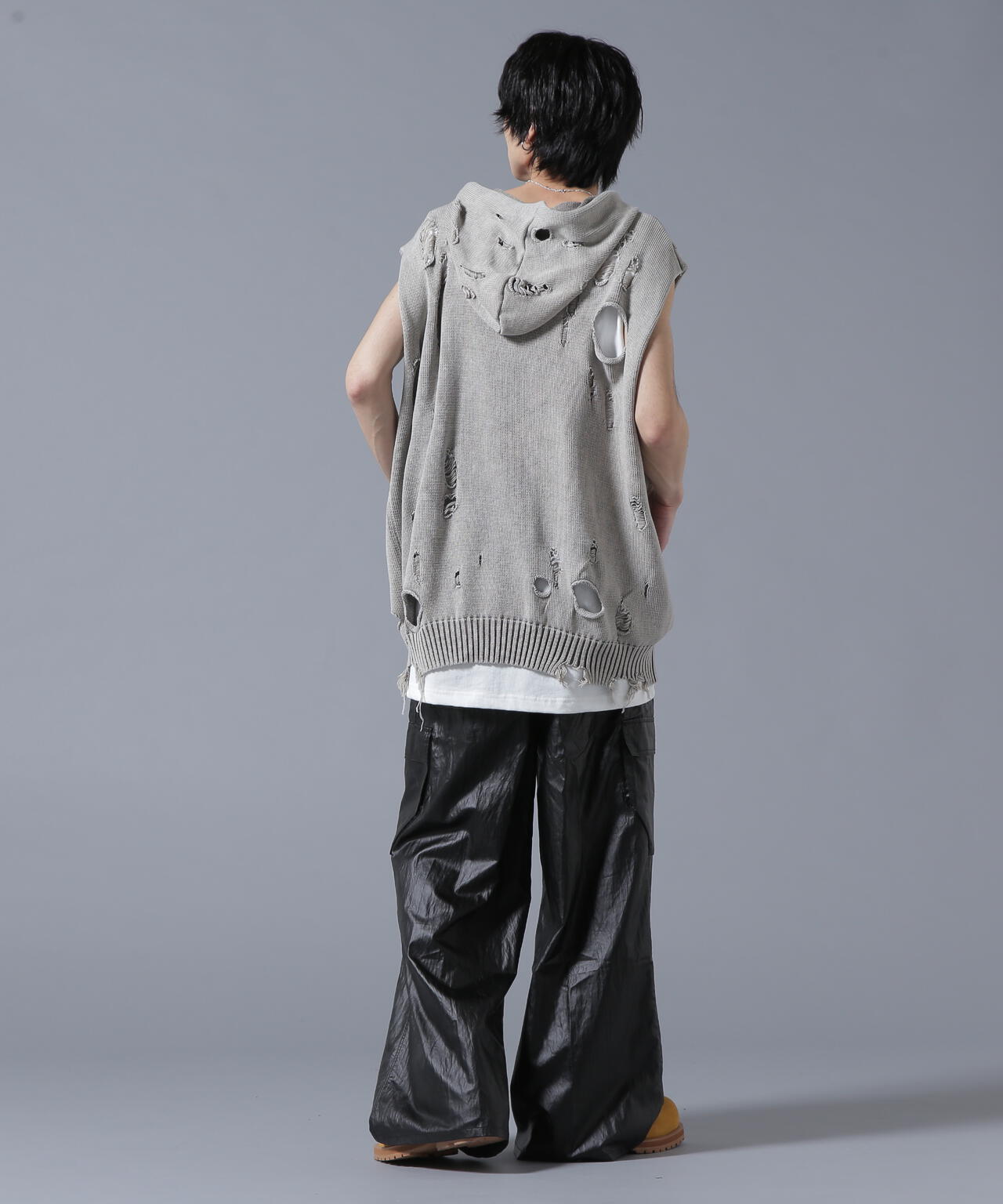 DankeSchon/ダンケシェーン/PIGMENT DAMAGE KNIT NOSLEEVE HOODIE