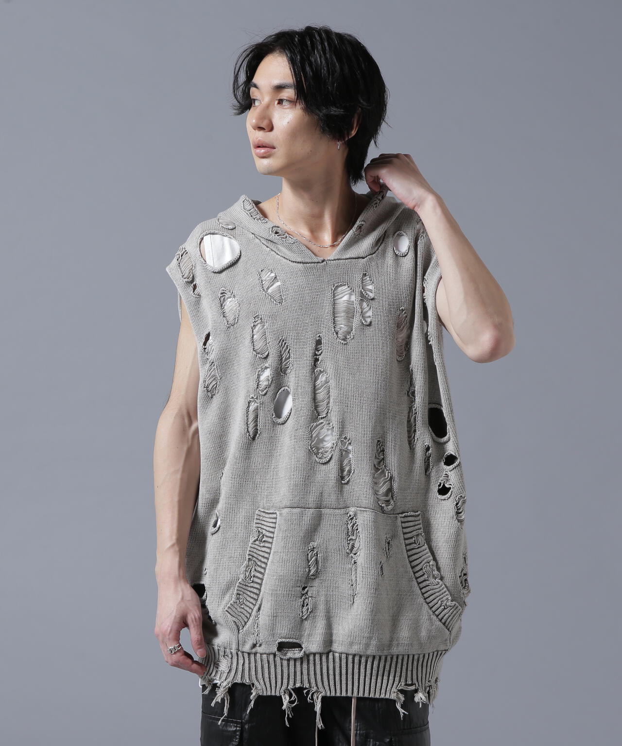 DankeSchon/ダンケシェーン/PIGMENT DAMAGE KNIT NOSLEEVE HOODIE