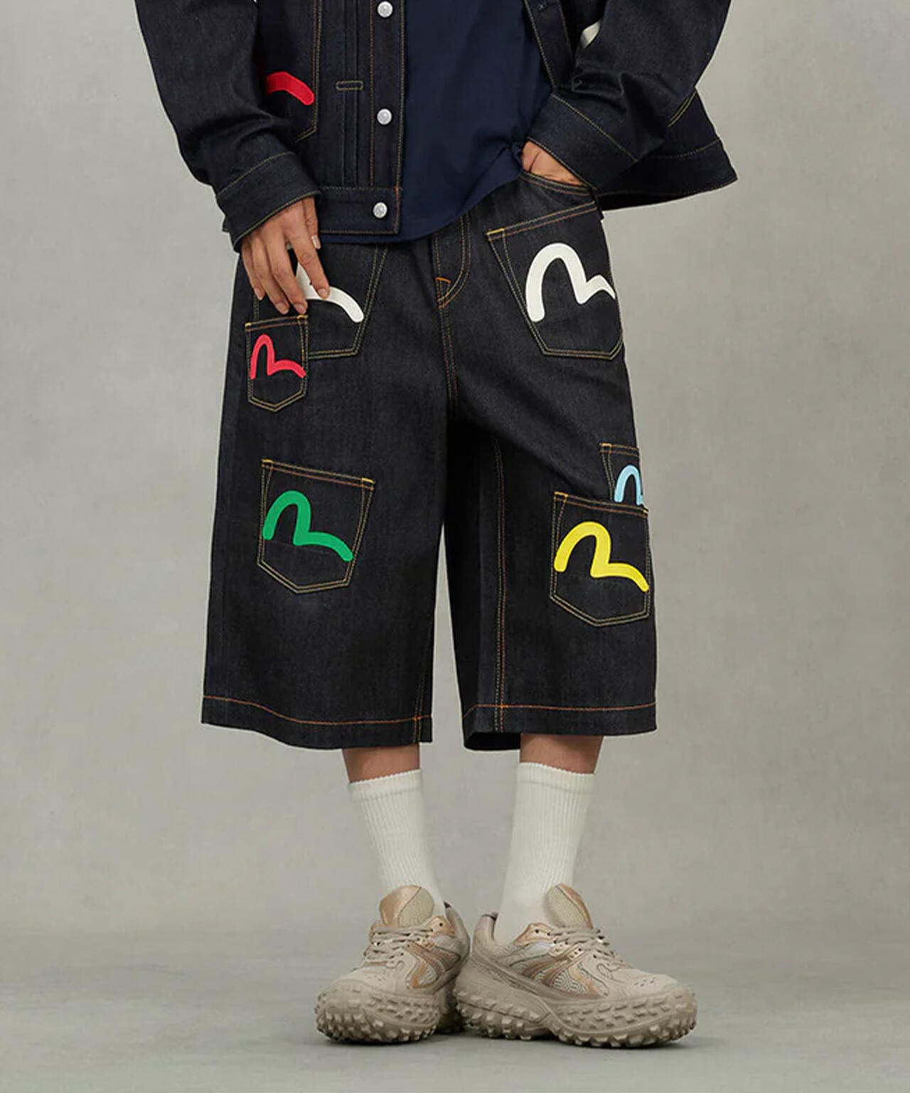 EVISU/エヴィス/Seagull Print and Multi-Pocket Fashion Fit Denim Shorts