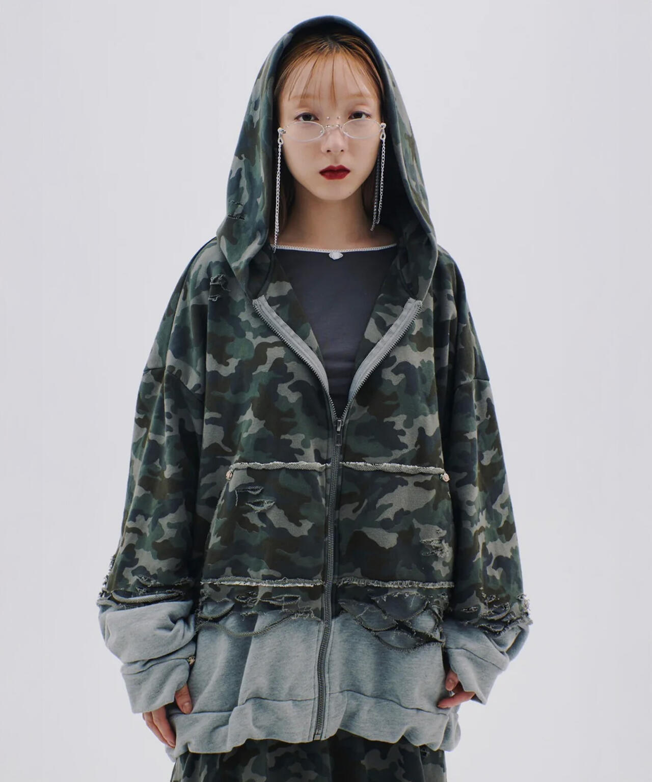 neith./ネイス/Layered Crush Hoodie(Camo×Gray) | L.H.P