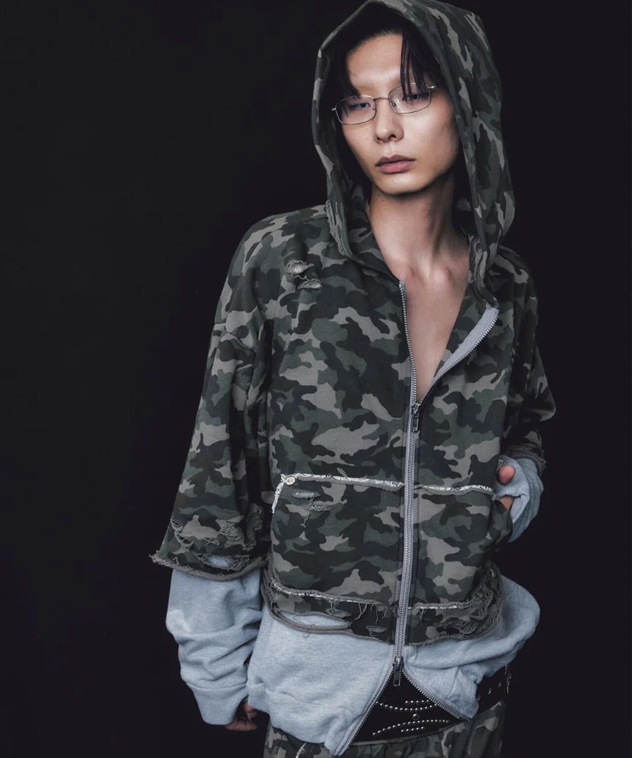 neith./ネイス/Layered Crush Hoodie(Camo×Gray)