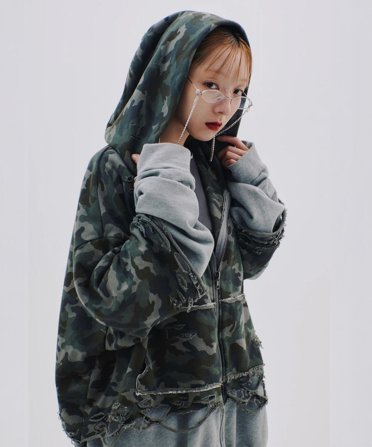 neith./ Layered Crush Hoodie (迷彩パーカー) neith./ネイス/Layered Crush Hoodie(Camo×Gray) | L.H.P
