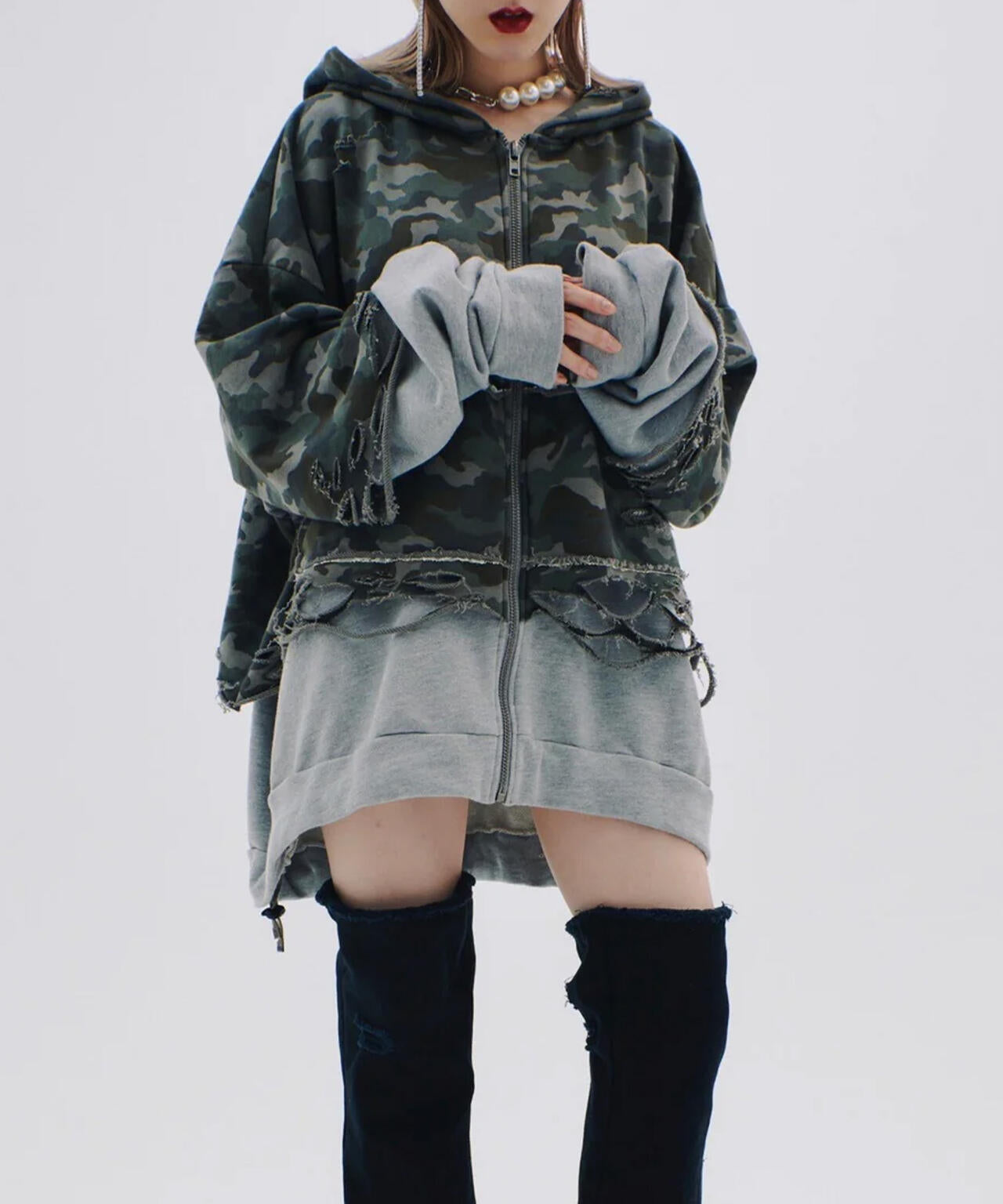 neith./ネイス/Layered Crush Hoodie(Camo×Gray) | L.H.P