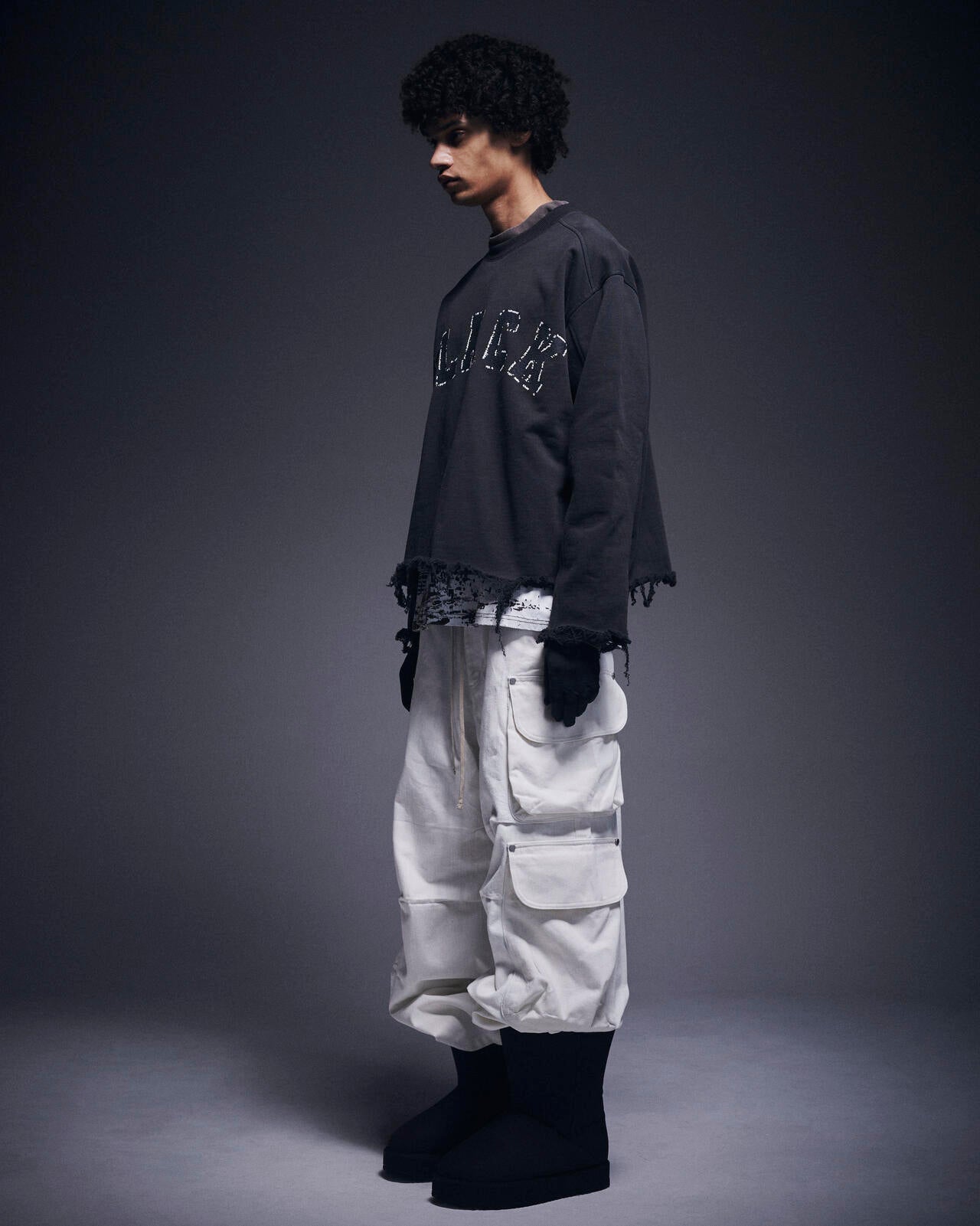 DankeSchon/ダンケシェーン/CUT FRINGE SWEAT CREWNECK BLACK