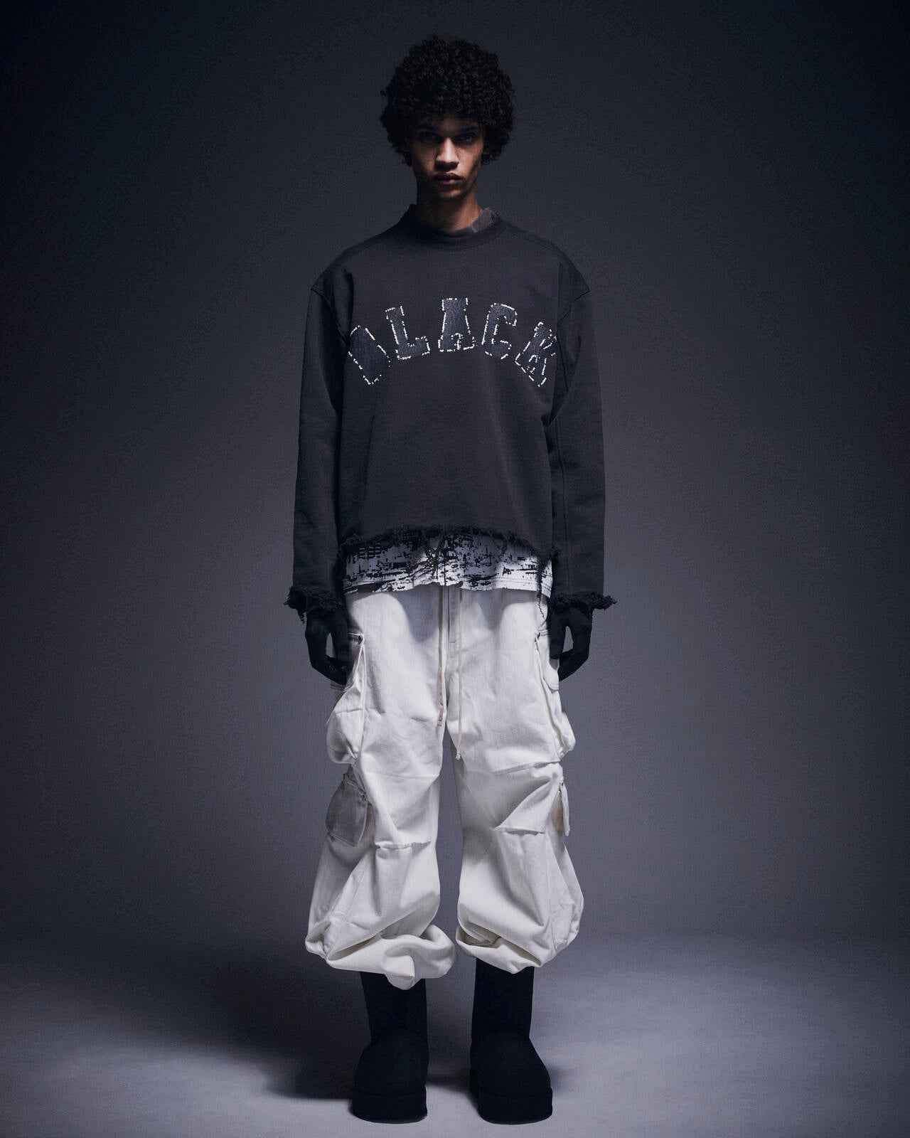 DankeSchon/ダンケシェーン/CUT FRINGE SWEAT CREWNECK BLACK