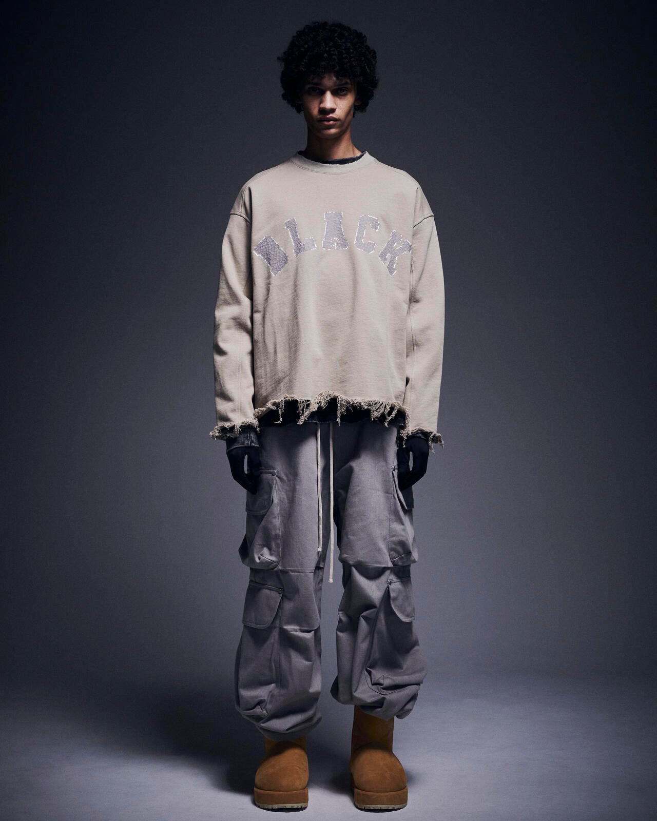 DankeSchon/ダンケシェーン/CUT FRINGE SWEAT CREWNECK BLACK