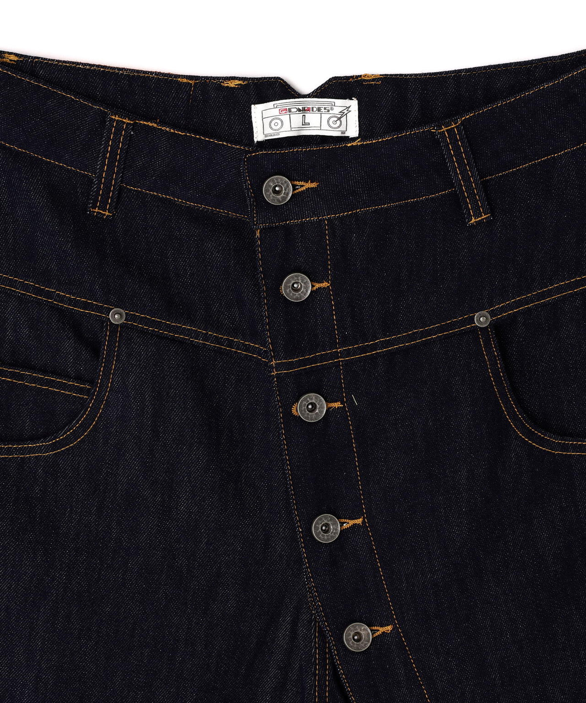 DND4DES/ディーエヌディーフォーデス/Avant-Garde Curved Button Raw Denim Jeans