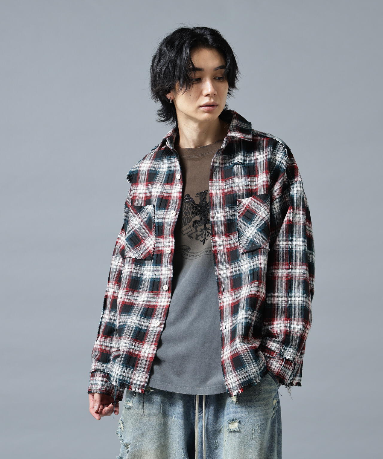 【極希少】極短丈 オンブレチェック ジップジャケット 変形ポケット / Y2K DankeSchon/ダンケシェーン/FLANNEL DAMAGE SHIRTS DOBBY | L.H.P