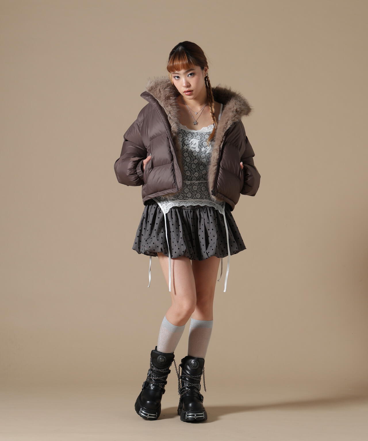 DankeSchon/ダンケシェーン/WOMEN NYLON FUR STAND BLOUSON