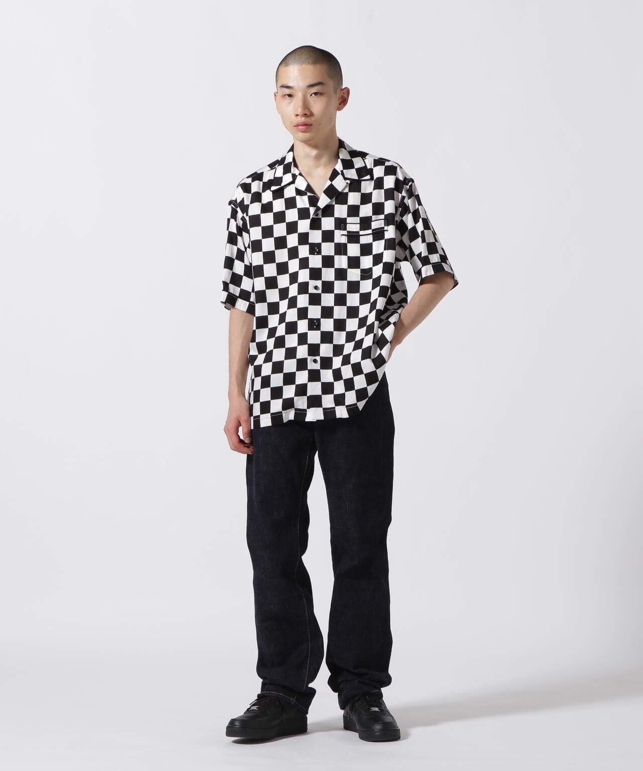 MINEDENIM（マインデニム）CU.Denim Checker flag S/S Open Collar SH