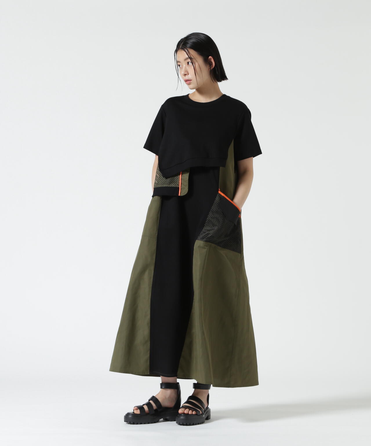 RISLEYリズレイ☆異素材ドッキング 半袖ワンピース カーキ×ブラック美品 Risley(リズレー) レイヤードワンピース | B'2nd（ビーセカンド
