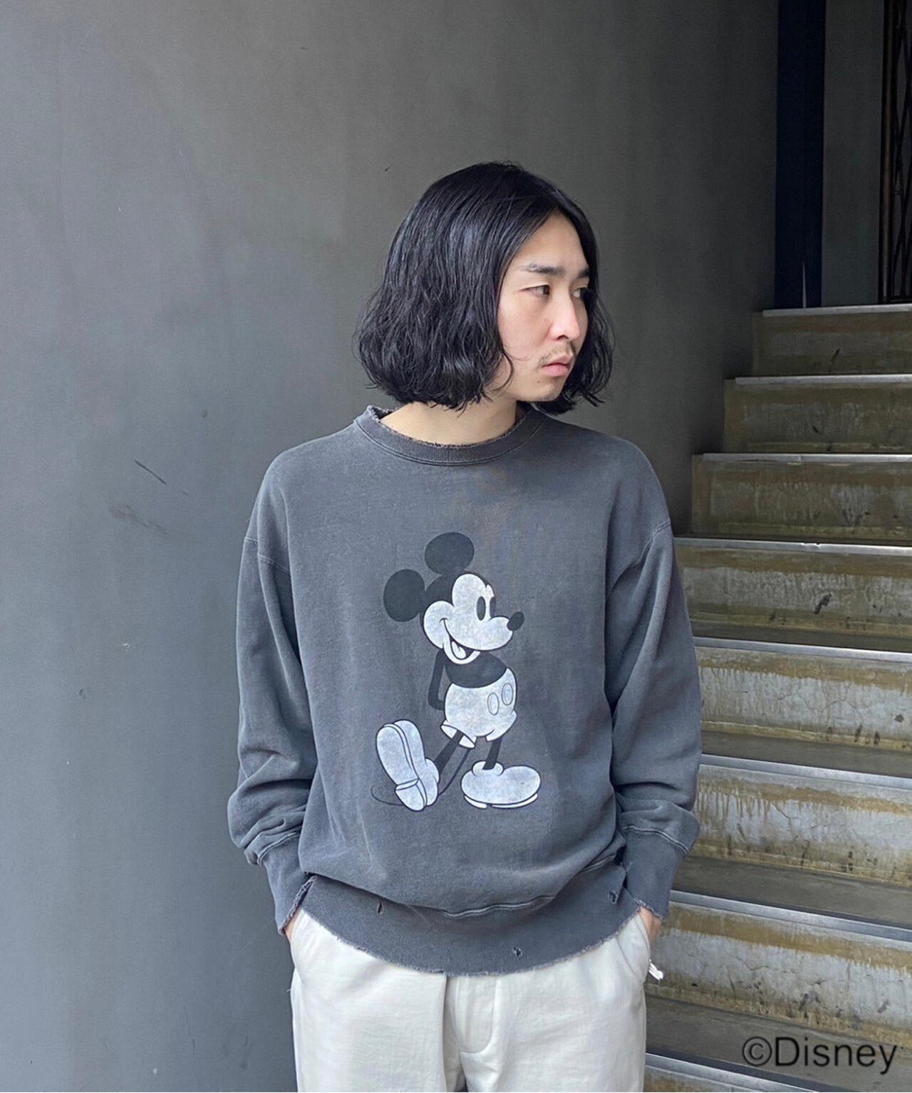 ANCELLM/ "MICKEY PRINT DAMAGE SWEAT SHIRT"