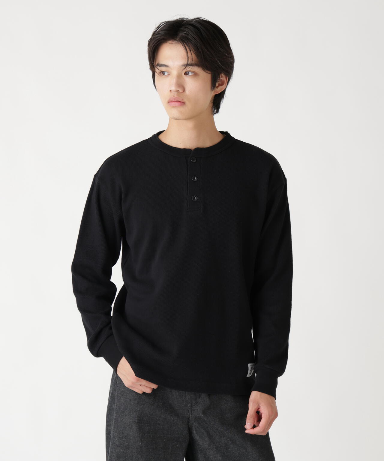 HONEYCOMB WAFFLE LS HENLEY NECK T-SHIRT