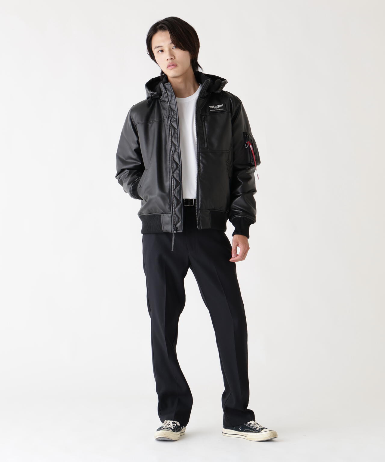 FAUX LEATHER HOODED RIB FLIGHT JACKET
