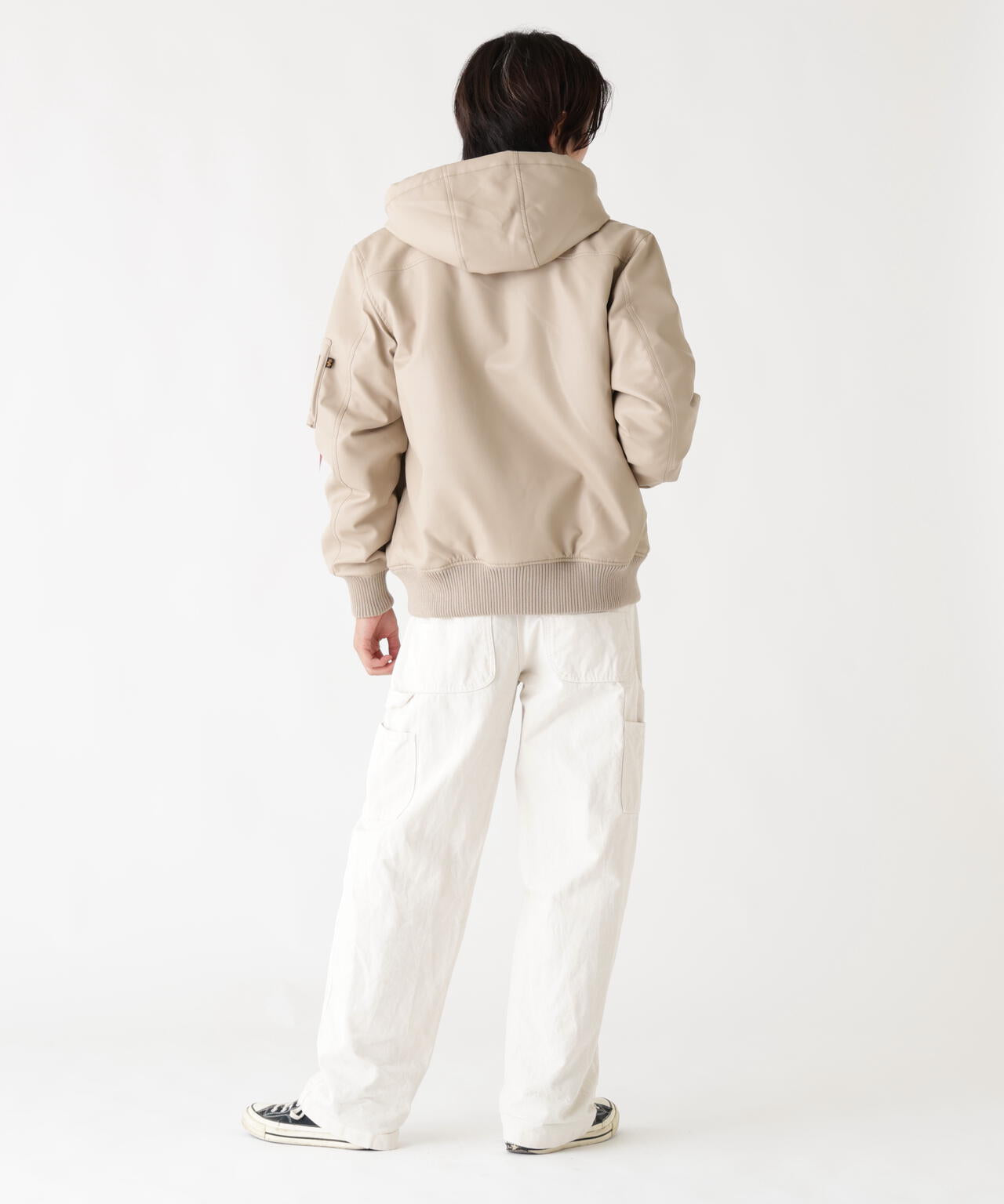 FAUX LEATHER HOODED RIB FLIGHT JACKET / ファー レザー フーデッド