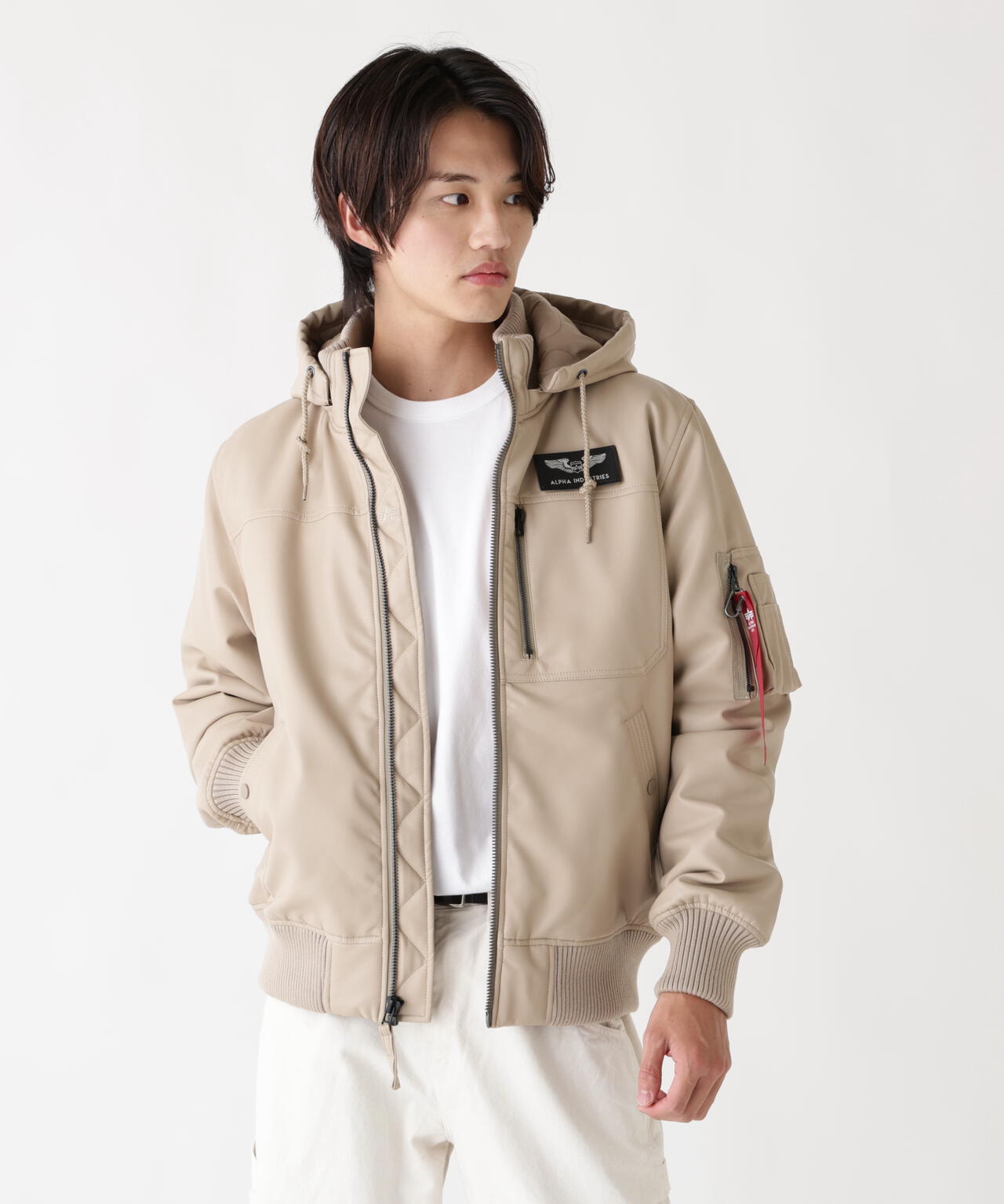 FAUX LEATHER HOODED RIB FLIGHT JACKET